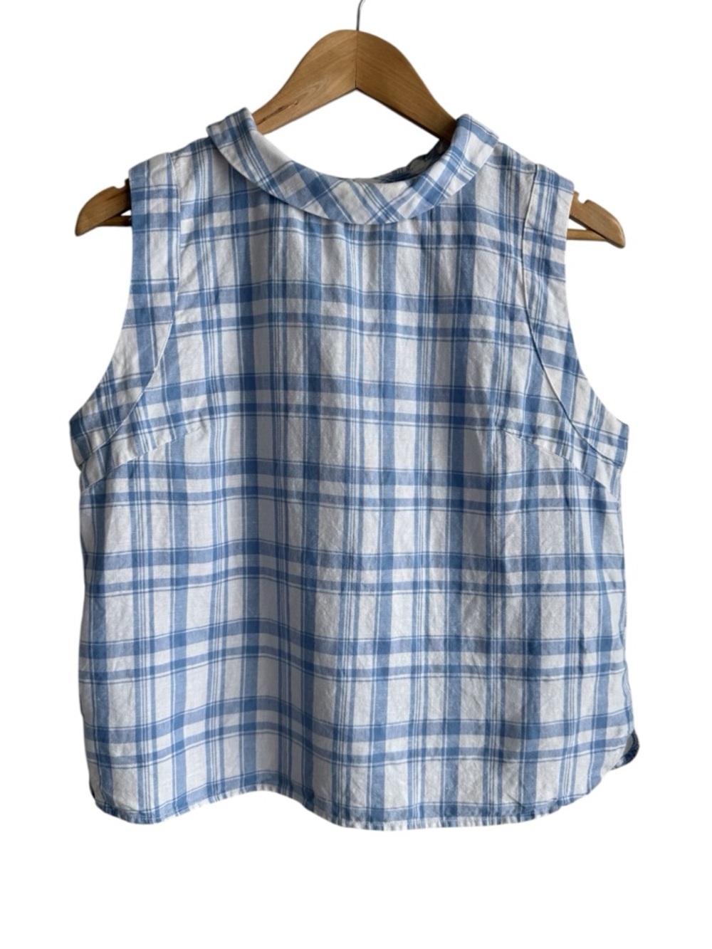 Lintico Linen Cotton Plaid Sleeveless Top Sz L Blue White Cottage Coastal Blouse